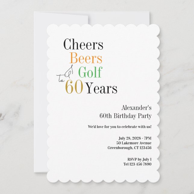 Minimal Golf 60th Birthday Cheers and Beers Invitation (Front)