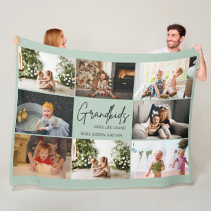 Minimal Grandkids Make Life Grand 8 Photo Collage Fleece Blanket