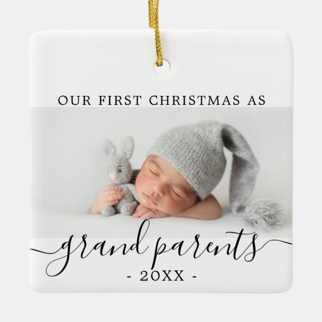 Minimal Grandparents first Christmas with photo Ceramic Ornament (Front)