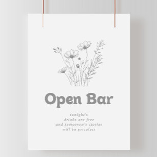Minimal Gray Wildflower Wedding Open Bar Sign