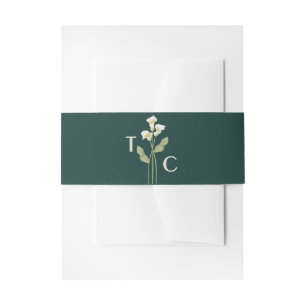 Minimal Green Art Nouveau Lily Monogram Wedding Invitation Belly Band
