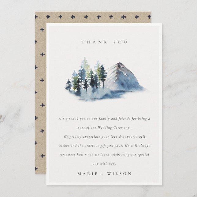Minimal Green Blue Pine Woods Mountain Wedding Thank You Card (Front/Back)