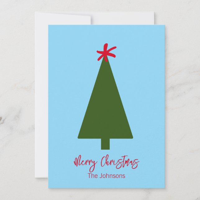 Minimal Green Christmas Tree Red Snowflake Simple Holiday Card (Front)
