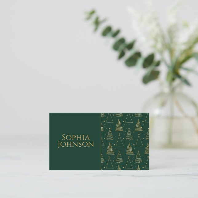 Minimal Green Gold Christmas Tree Business Card (Standing Front)