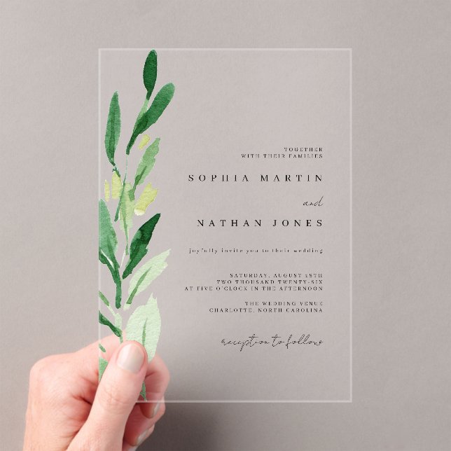 Minimal Green Leaf Watercolor Wedding  Acrylic Invitations (Insitu (Handheld))