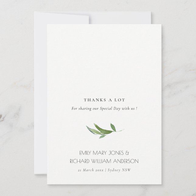 Minimal Green Leafy Foliage Watercolor Wedding  Thank You Card (Front)