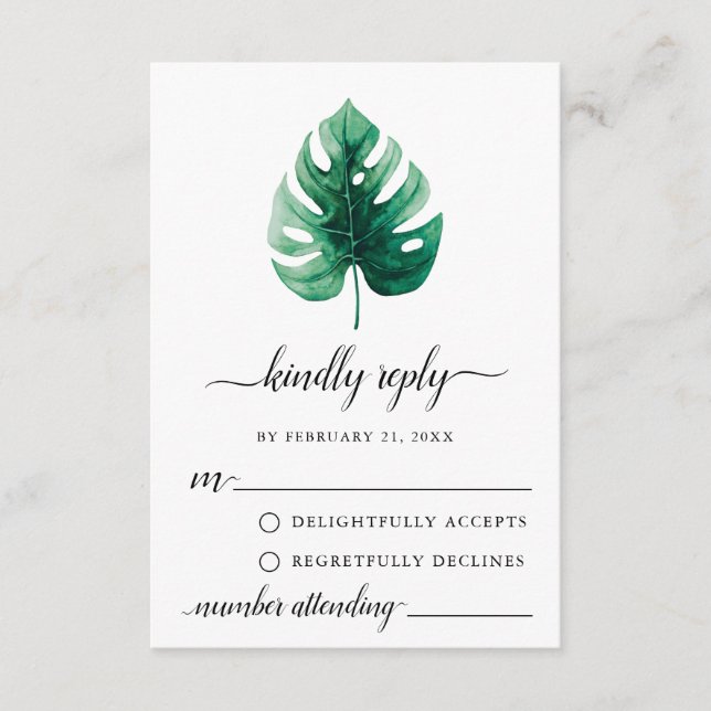 Minimal Green Monstera Leaf RSVP Card (Front)