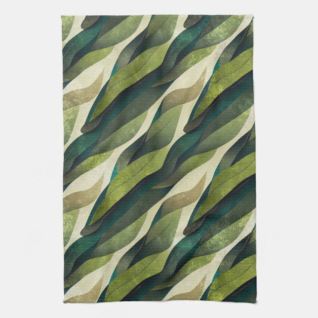 Minimal Green Olive Abstract Deco Pattern Tea Towel (Vertical)