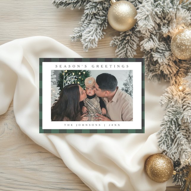 Minimal Green Plaid Season's Greeting Photo Family Holiday Card (Creator Uploaded)
