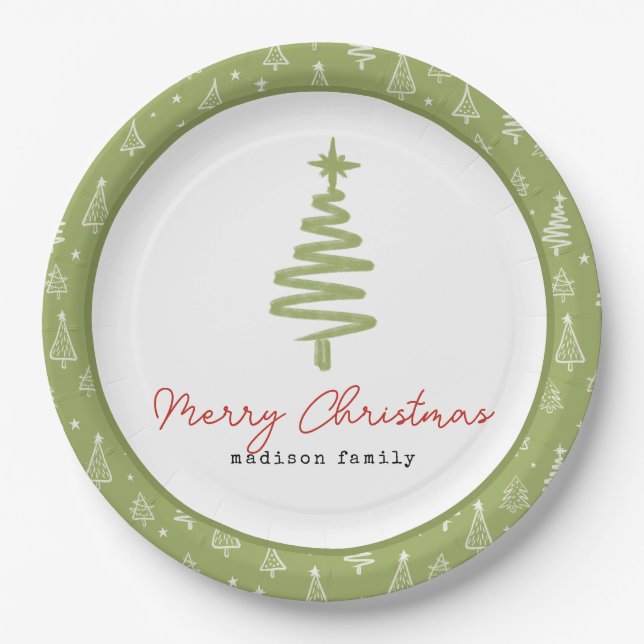 Minimal Green & Red Christmas Tree Family Holiday Paper Plate (Front)