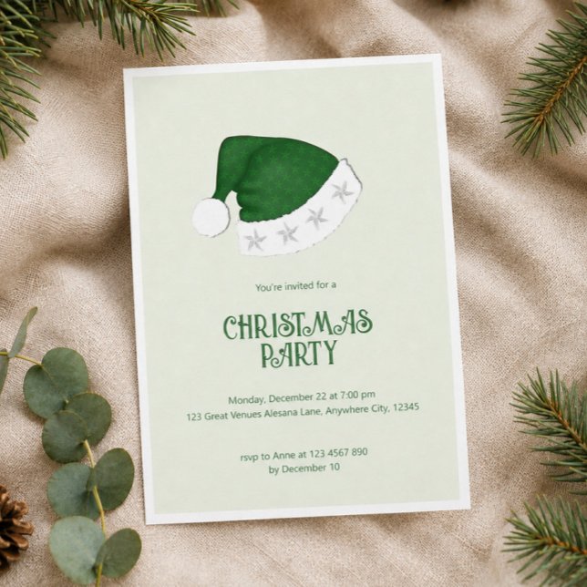 Minimal Green Santa Hat Christmas Party Invitation (Elegant Green Santa Hat Christmas Party Invite, Sophisticated Holiday Party Invitation)