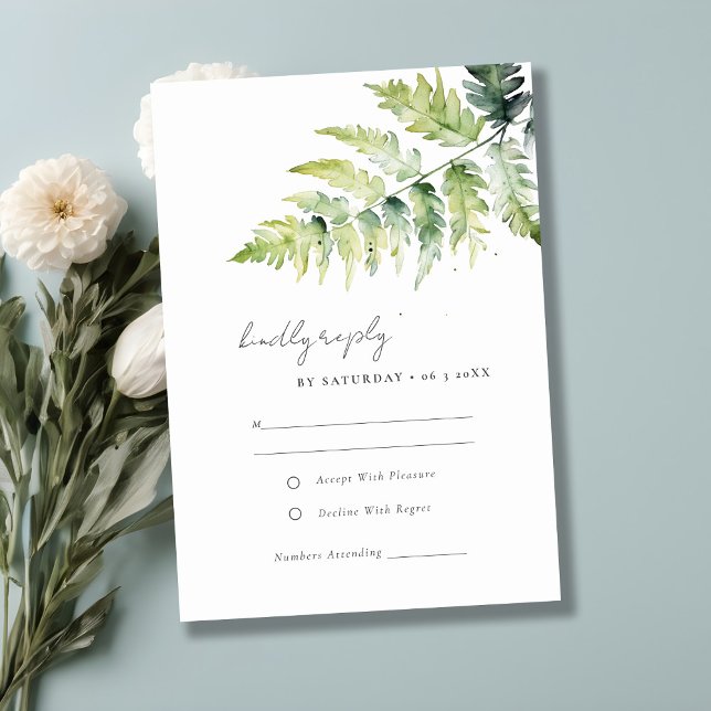 Minimal Green Watercolor Fern Foliage Wedding RSVP Card (Creator Uploaded)