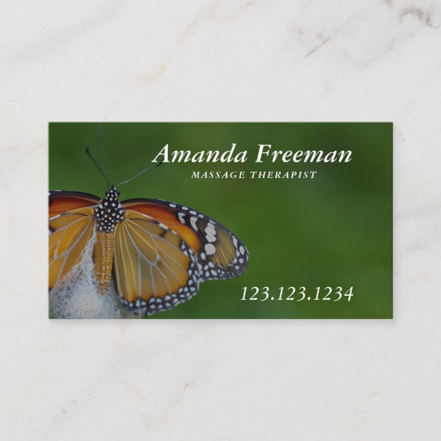Minimal Green & White Butterfly Massage Therapy Business Card (Front)