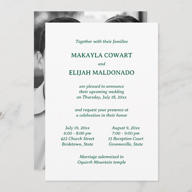 Minimal Green/White Temple Wedding Two Reception Invitation (Front/Back)