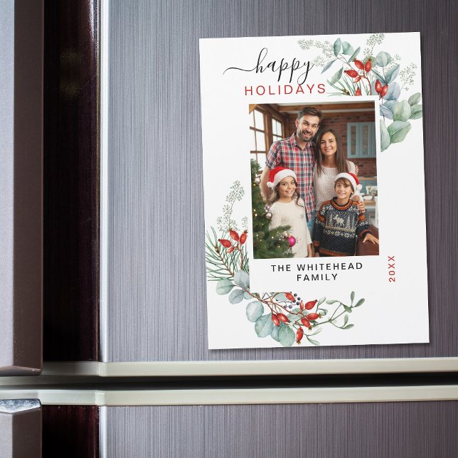 Minimal Greenery Botanical Christmas Photo Magnet (You will love these beautiful Christmas cards! They feature botanical watercolor pine and berries.)