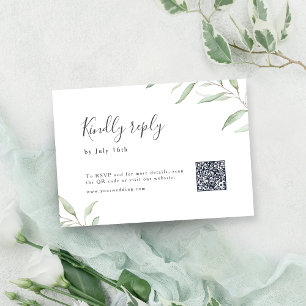Minimal greenery botanical rustic wedding QR code  RSVP Card
