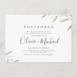 Minimal greenery calligraphy wedding postponement invitation