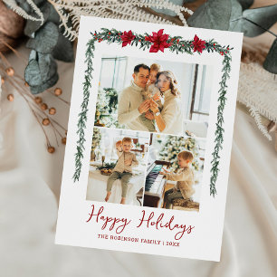 Minimal Greenery Garland Happy Holidays 3 Photo Holiday Card