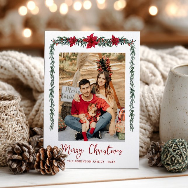 Minimal Greenery Garland Merry Christmas 1 Photo Holiday Card (Creator Uploaded)