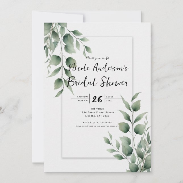 Minimal Greenery Leaves Modern White Bridal Shower Invitation (Front)