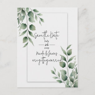 Minimal Greenery Leaves Modern White Save the Date Announcement Postcard