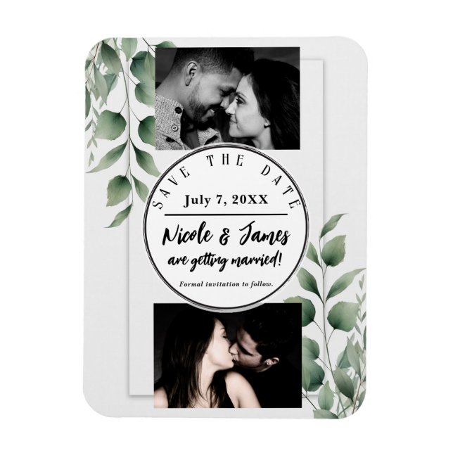 Minimal Greenery Leaves Modern White Save the Date Magnet (Vertical)