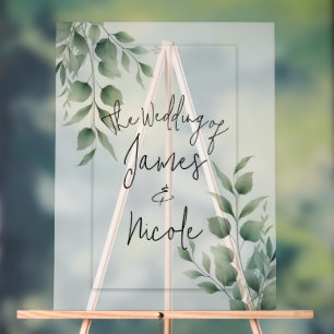 Minimal Greenery Leaves Modern White Wedding Acrylic Sign