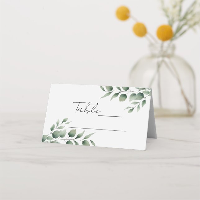 Minimal Greenery Leaves Modern White Wedding Place Card (Front)