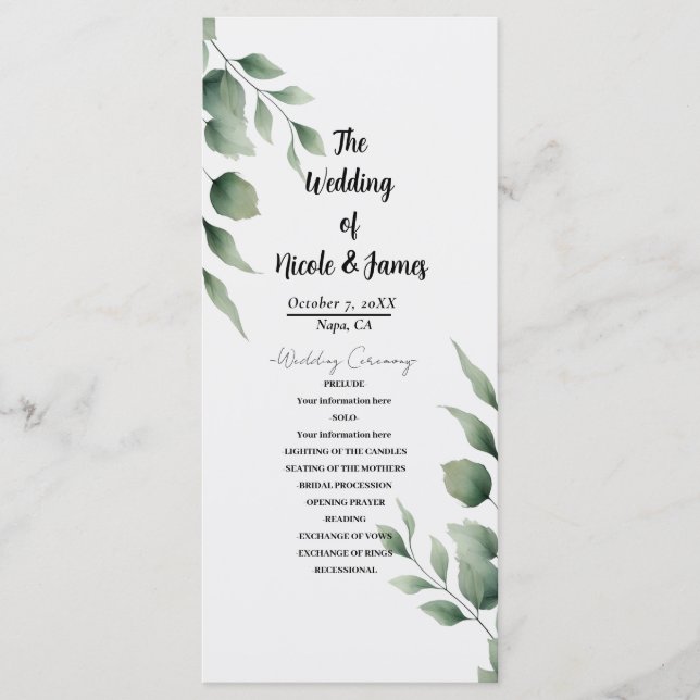 Minimal Greenery Leaves Modern White Wedding Programme (Front)
