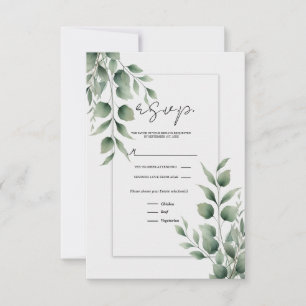 Minimal Greenery Leaves Modern White Wedding RSVP Card