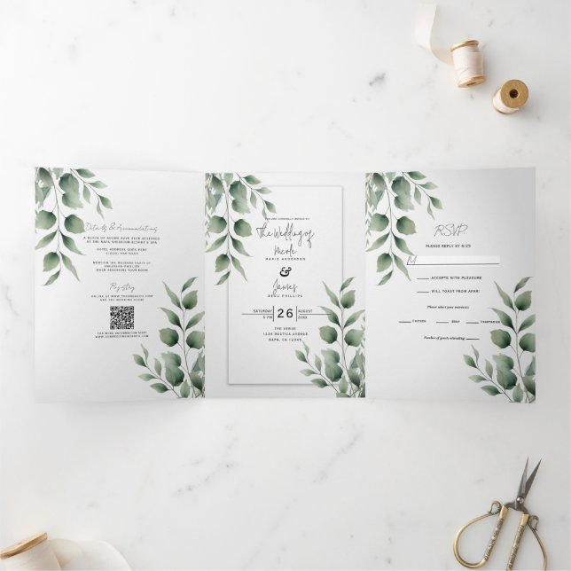 Minimal Greenery Leaves Modern White Wedding Tri-Fold Invitation (Inside)