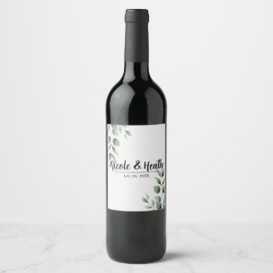Minimal Greenery Leaves Modern White Wedding Wine Label