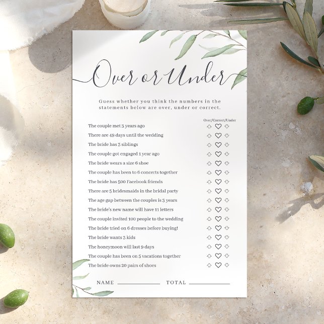 Minimal greenery Over or Under bridal shower game (Minimal greenery Over or Under bridal shower game)