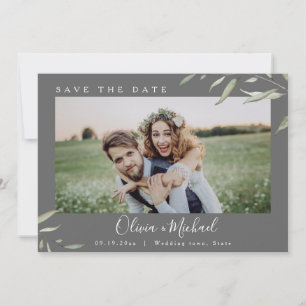 Minimal greenery photo wedding save the date invitation