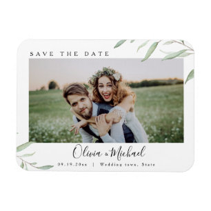 Minimal greenery photo wedding save the date magnet