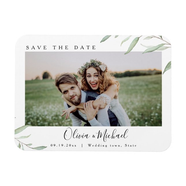 Minimal greenery photo wedding save the date magnet (Horizontal)