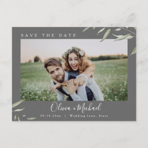 Minimal greenery photo wedding save the date postcard