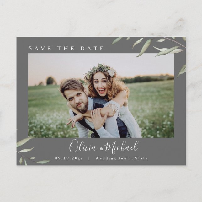 Minimal greenery photo wedding save the date postcard (Front)
