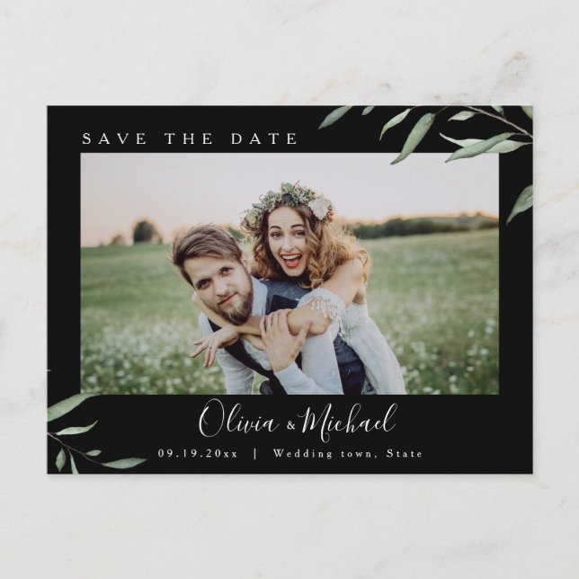 Minimal greenery photo wedding save the date postcard (Front)