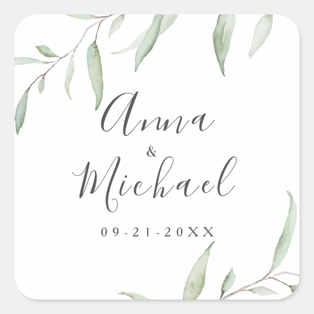 Minimal greenery rustic wedding favour square sticker (Front)