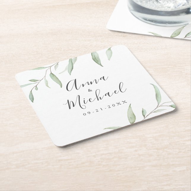 Minimal greenery rustic wedding square paper coaster (Angled)