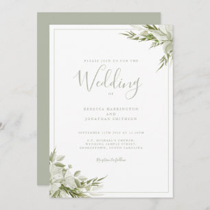 Minimal Greenery Sage Green Leaf Wedding Invitation