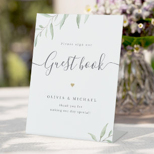 Minimal greenery script rustic Wedding Guest Book Pedestal Sign