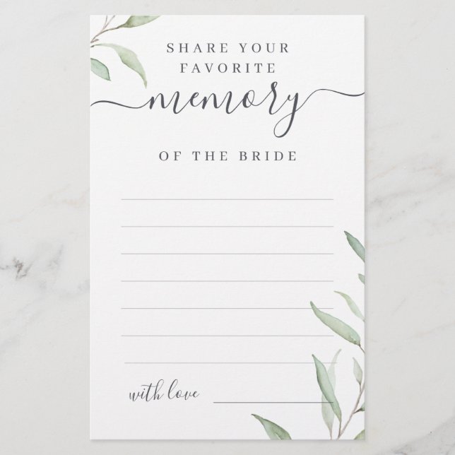 Minimal greenery share a memory bridal shower game (Front)