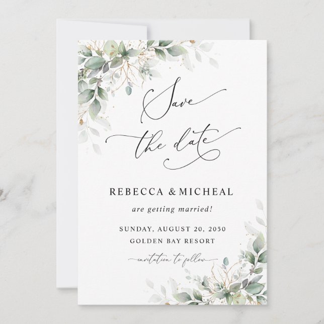 Minimal Greenery Wedding Save The Date Invitation (Front)