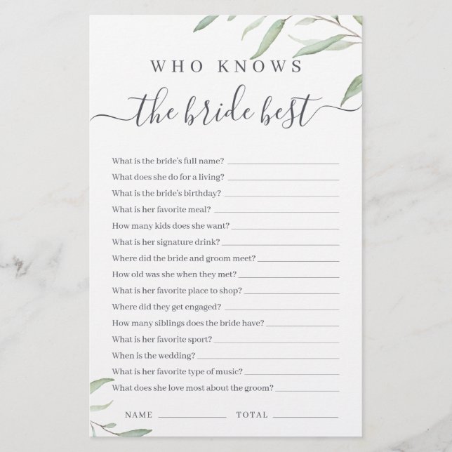 Minimal greenery who knows the bride best game (Front)