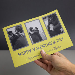 Minimal Grey And Yellow 3 Photo Valentines Day Holiday Card