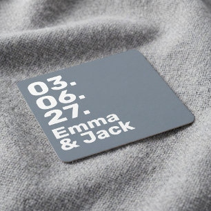Minimal grey bold modern wedding date and names square paper coaster