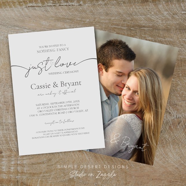 Minimal Grey Elegant Modern Script Photo Wedding Invitation (Minimal Light Grey Wedding Invitation with Modern Script and Photo Back)