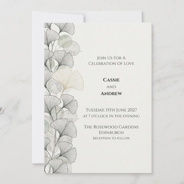 Minimal Grey Ginkgo Wedding Invitation (Front)